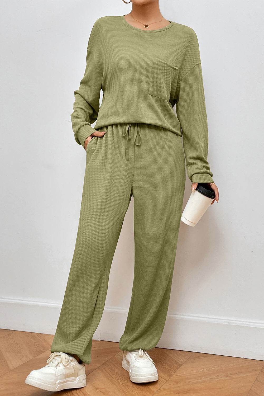 Pocketed Round Neck Top and Pants Lounge Set - Velveta Studio