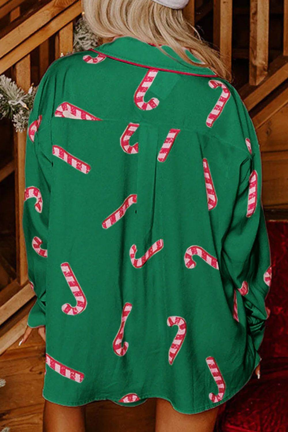 Candy Cane Collared Neck Long Sleeve Top and Shorts Lounge Set - Velveta Studio