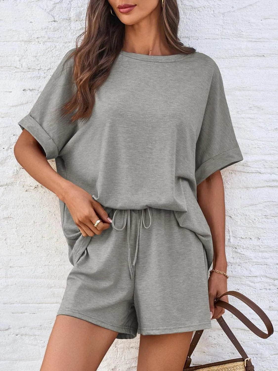 Round Neck Short Sleeve Top and Shorts Set - Velveta Studio