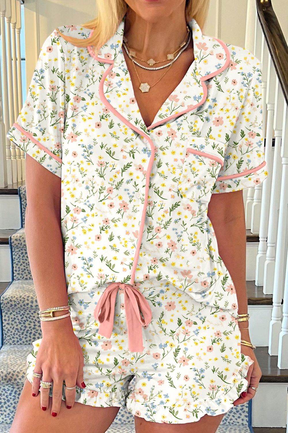 Printed Button Up Short Sleeve Top and Shorts Lounge Set - Velveta Studio