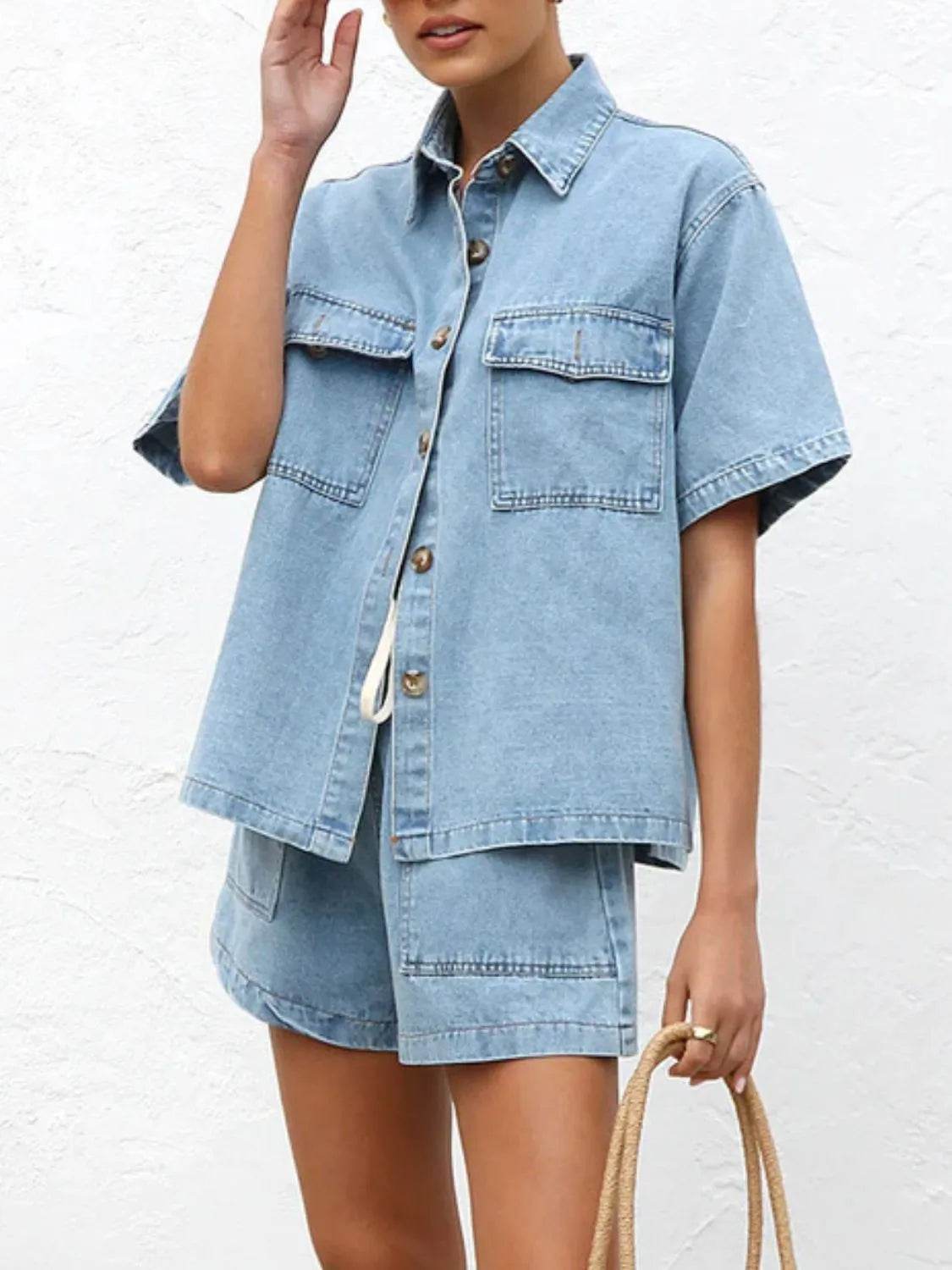 Button Up Short Sleeve Top and Shorts Denim Set - Velveta Studio