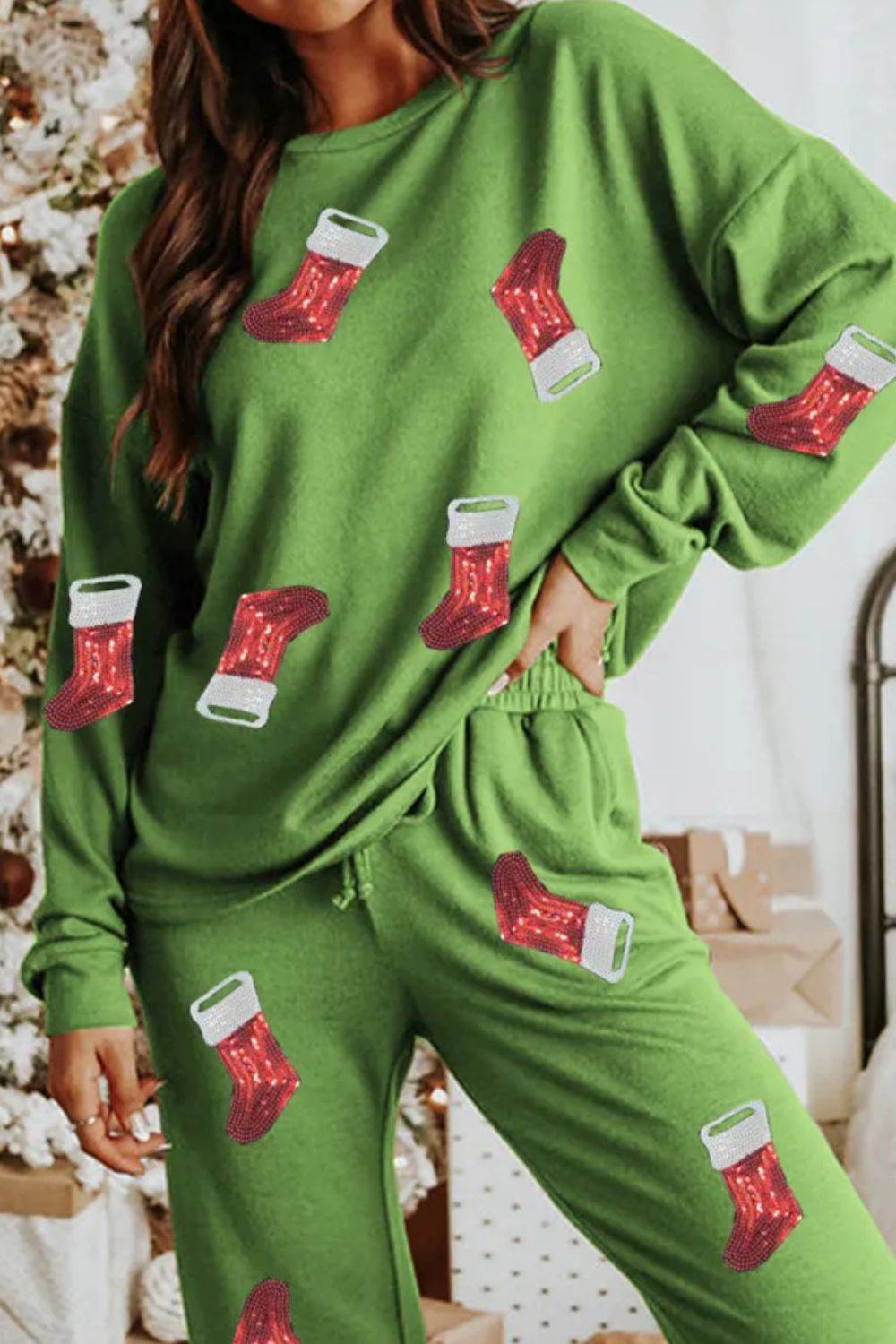 Sequin Socks Round Neck Long Sleeve Top and Pants Lounge Set - Velveta Studio