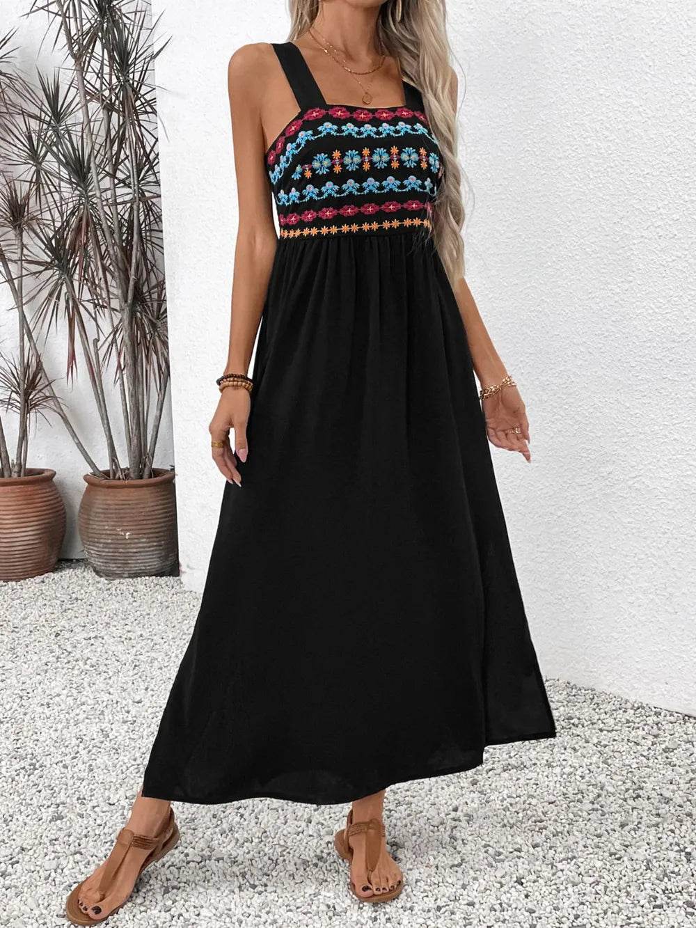 Perfee Embroidered Floral Side Slit Sleeveless Midi Dress - Velveta Studio