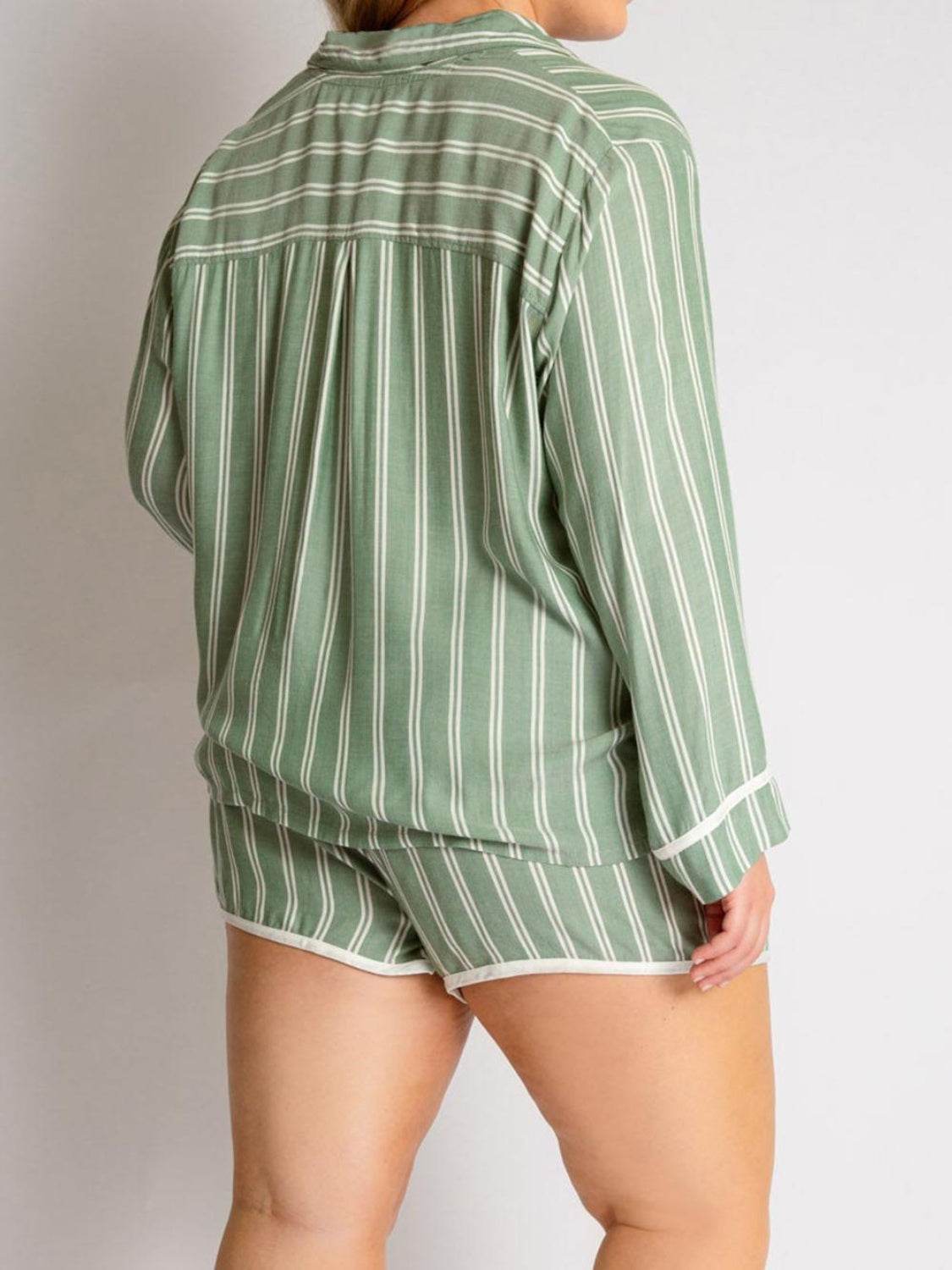 Striped Collared Neck Long Sleeve Top and Shorts Lounge Set - Velveta Studio