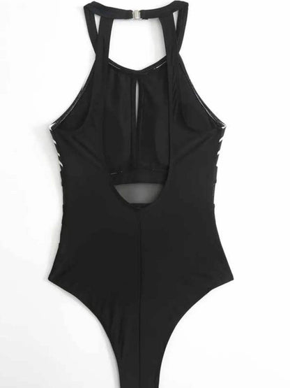 Mesh Detail Cutout Backless One-Piece Swimsuit – Striped, Padded, Stretchy - Velveta Studio