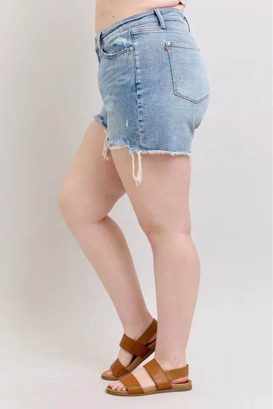 Judy Blue Plus Size HW Rigid Magic Destroy Cut Off Denim Shorts - Velveta Studio