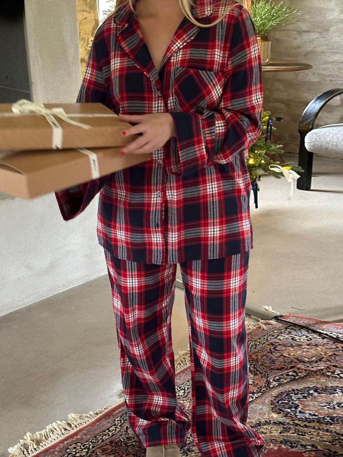 Plaid Collared Neck Button Up Top and Pants Lounge Set - Velveta Studio