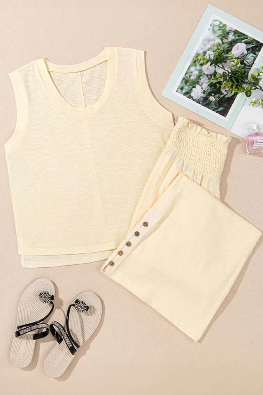 Solid Color Tank Top and Smocked Waist Pants Set - Velveta Studio