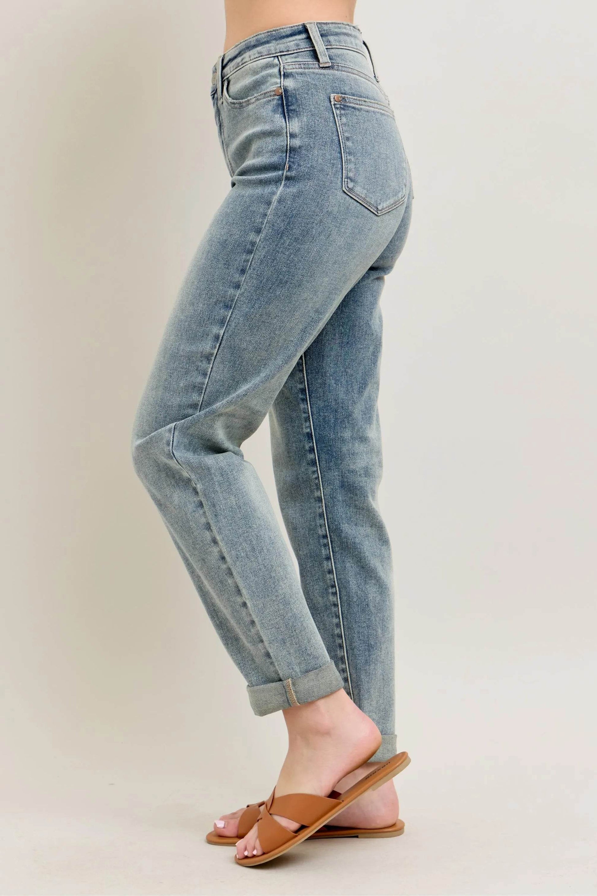 Judy Blue Full Size Hw Vintage Wash Double Roll Cuff Bf Jeans Plus Size - Velveta Studio