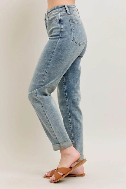 Judy Blue Full Size Hw Vintage Wash Double Roll Cuff Bf Jeans Plus Size - Velveta Studio