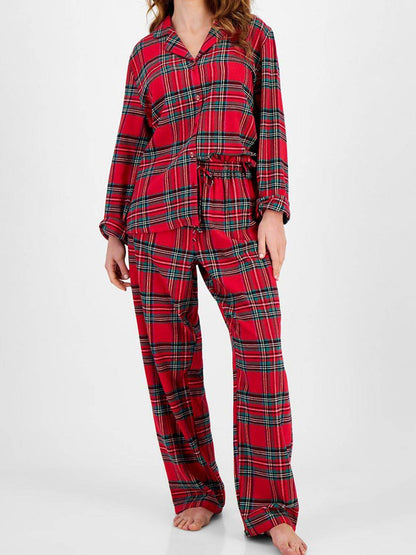 Plaid Collared Neck Button Up Top and Pants Lounge Set - Velveta Studio