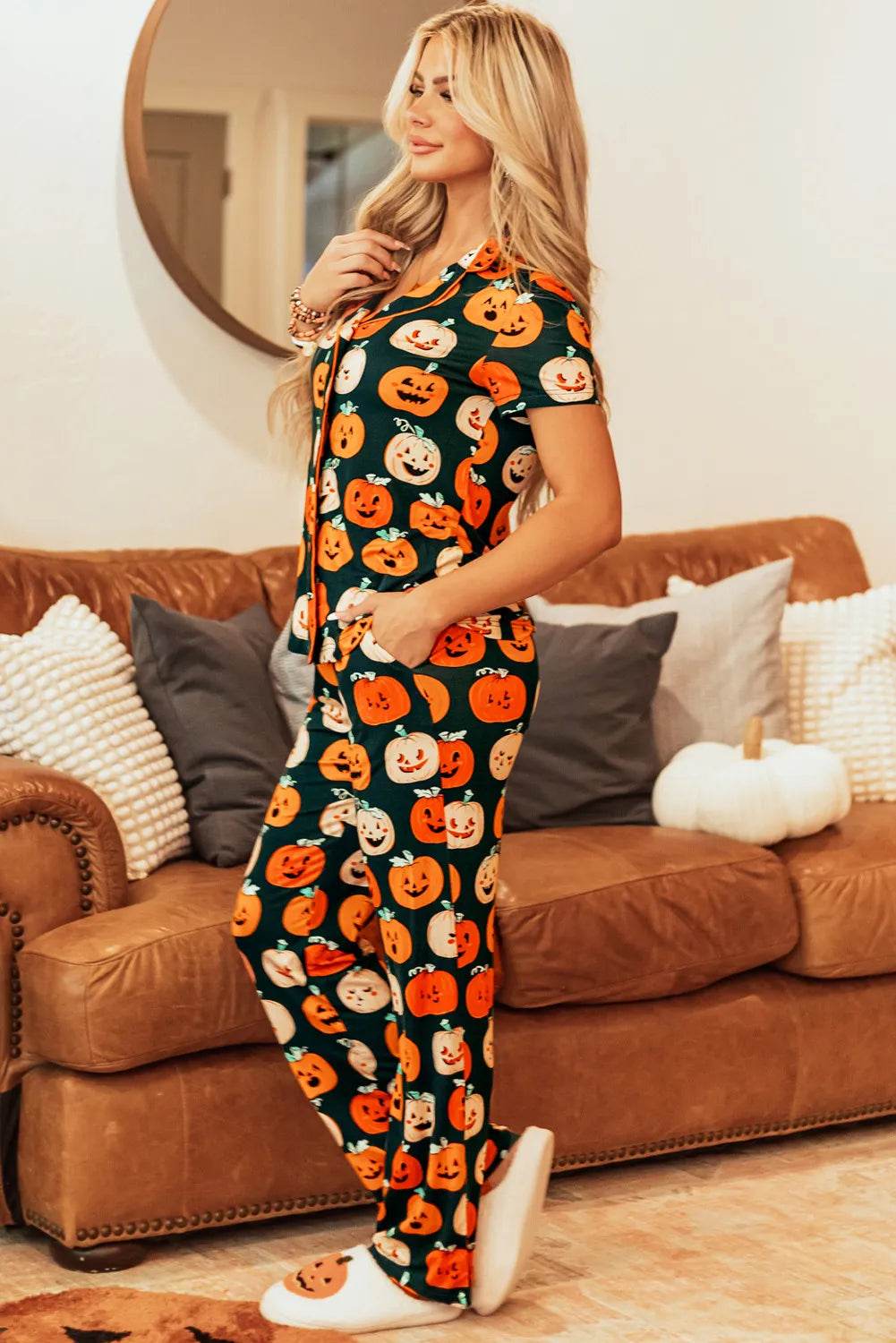 Pumpkin Printed Short Sleeve Top and Pants Lounge Set - Velveta Studio