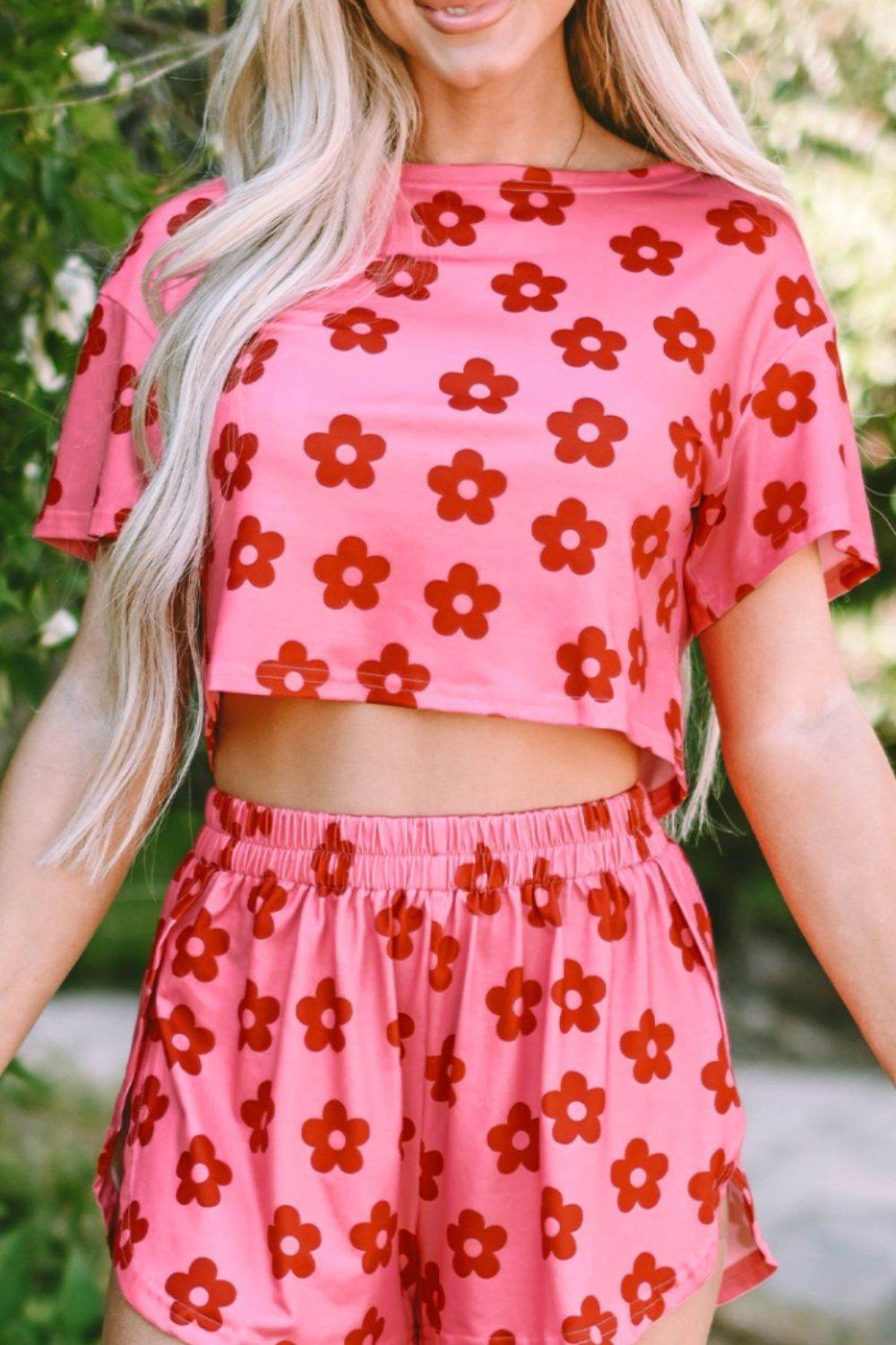 Floral Cropped Tee and Shorts Lounge Set - Velveta Studio