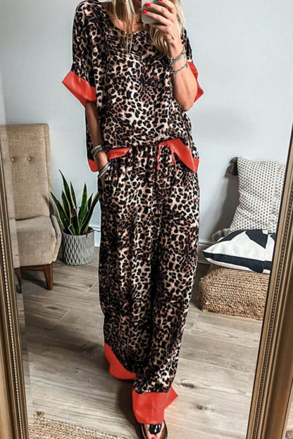 Contrast Trim Leopard Round Neck Top and Pants Lounge Set - Velveta Studio