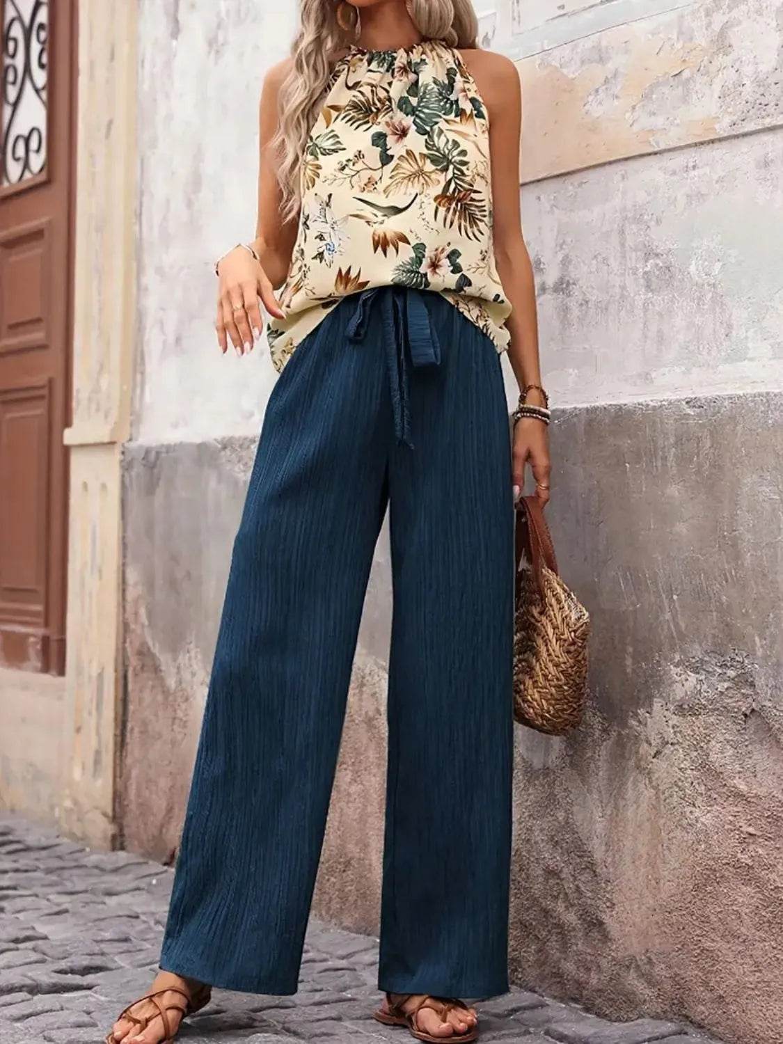 Printed Tank Top and Wide Leg Pants Set - Velveta Studio