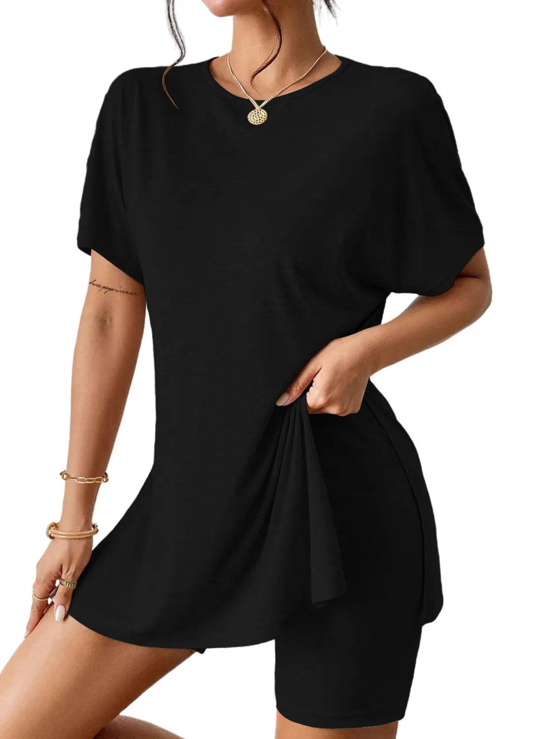 Slit Round Neck Short Sleeve Oversized Top and Shorts Set - Velveta Studio