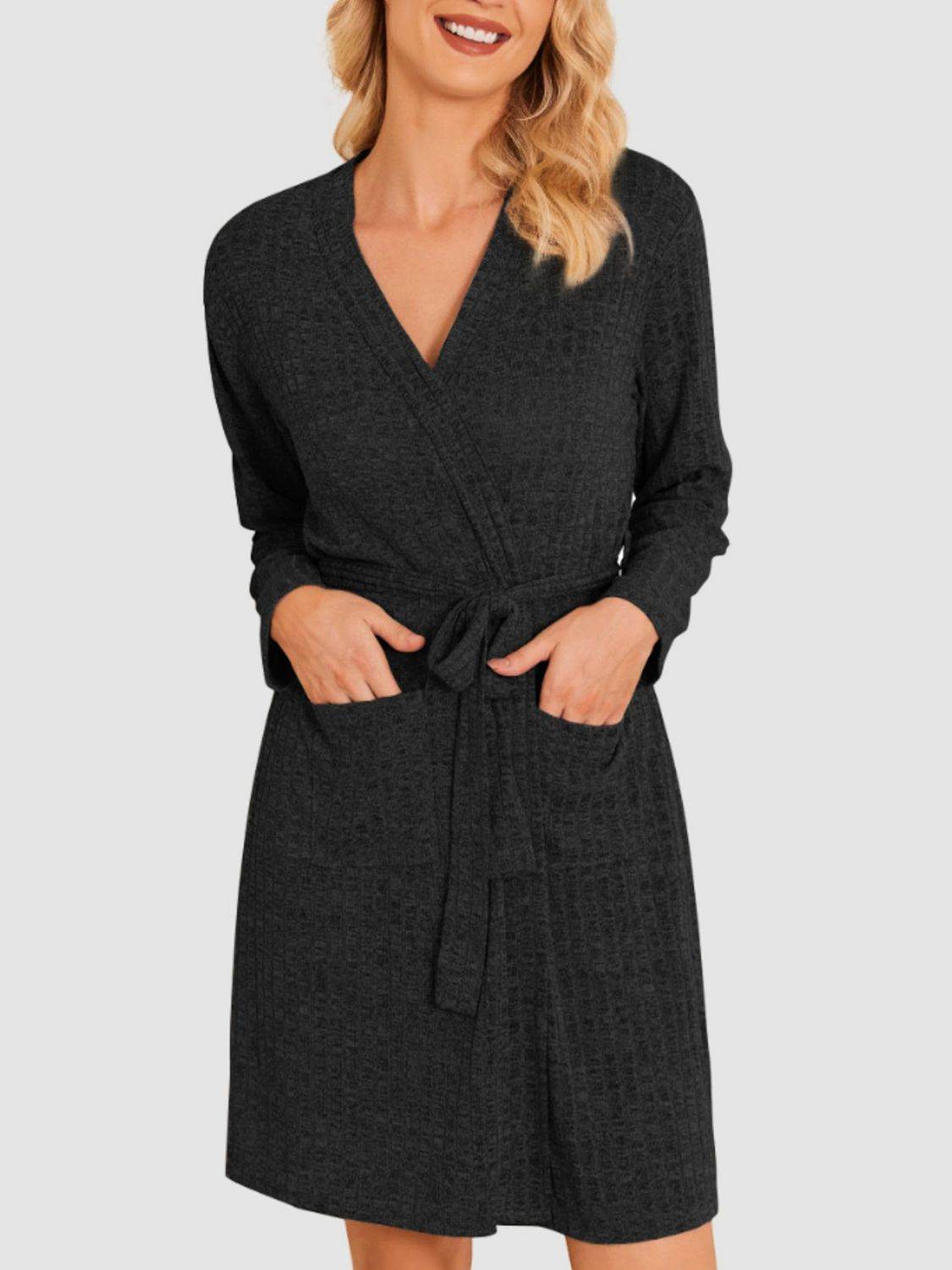 Tied Solid Lounge Nightgown with Pockets - Velveta Studio