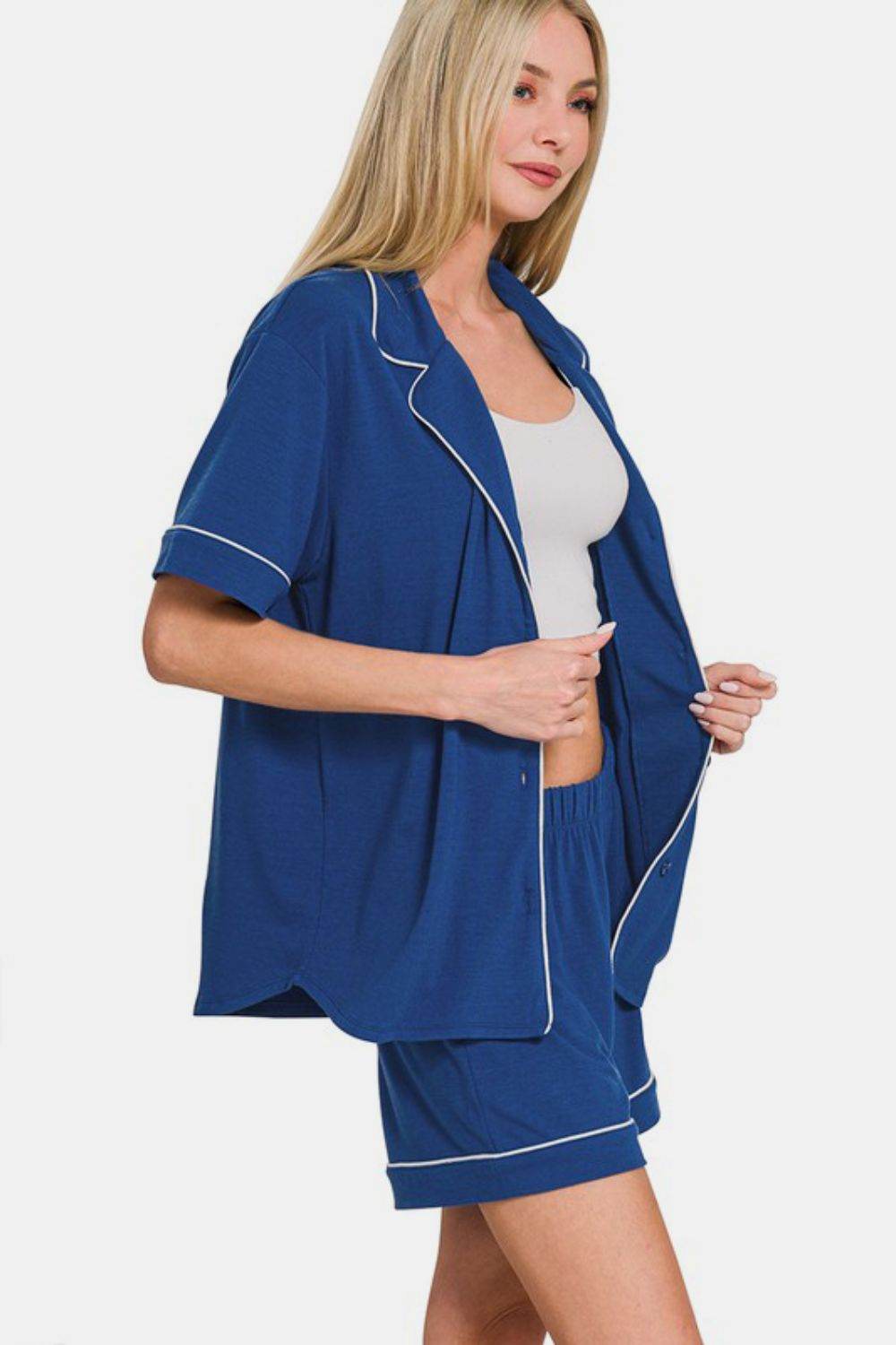 Zenana Button Down Short Sleeve Top and Shorts Lounge Set - Velveta Studio
