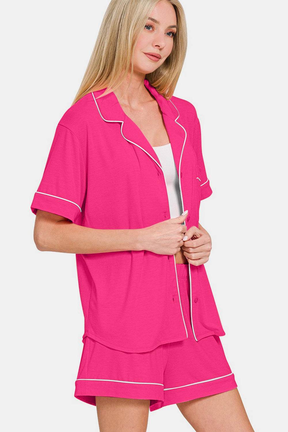 Zenana Button Down Short Sleeve Top and Shorts Lounge Set - Velveta Studio