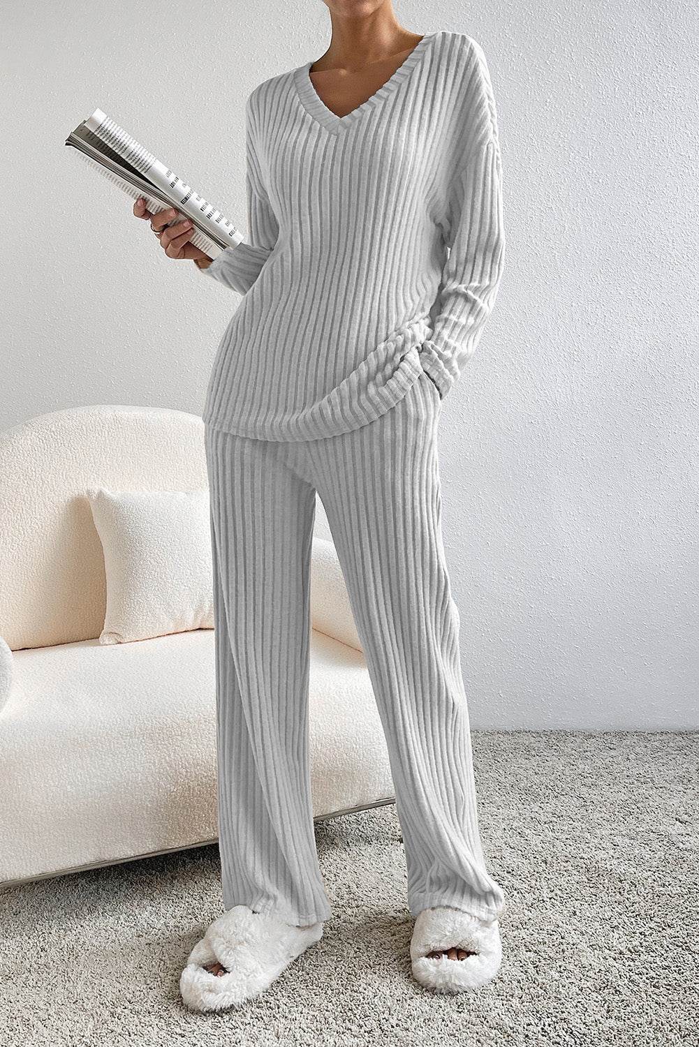 Ribbed V-Neck Top and Pants Lounge Set - Velveta Studio