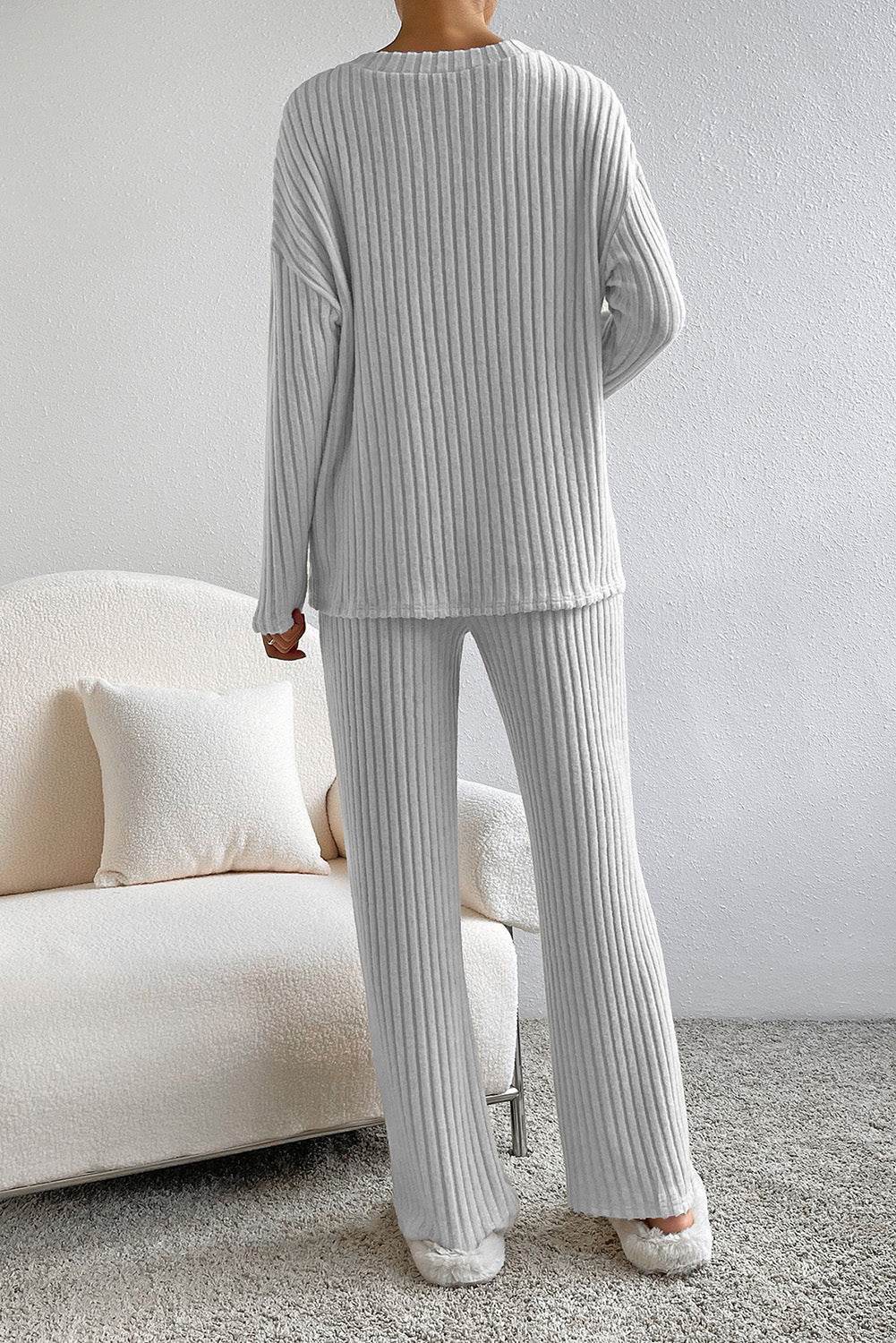Ribbed V-Neck Top and Pants Lounge Set - Velveta Studio
