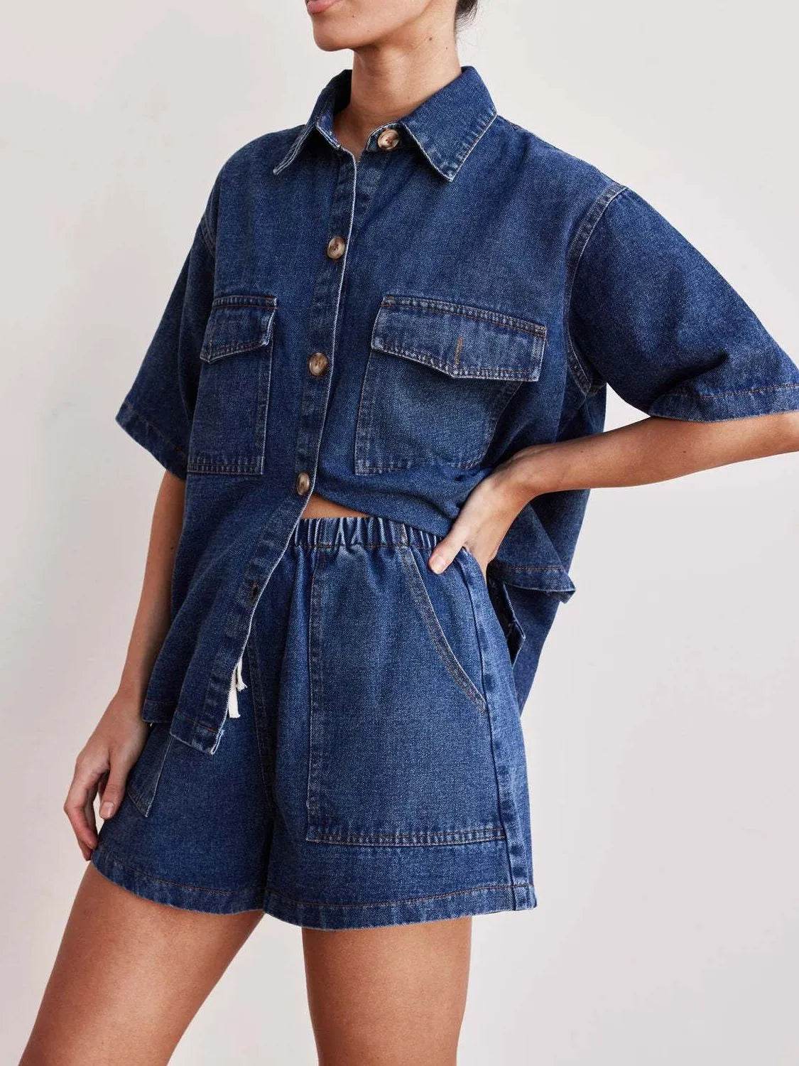 Button Up Short Sleeve Top and Shorts Denim Set - Velveta Studio