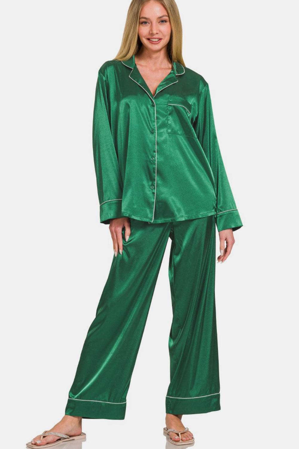 Zenana Satin Long Sleeve Shirt and Pants Pajama Set - Velveta Studio