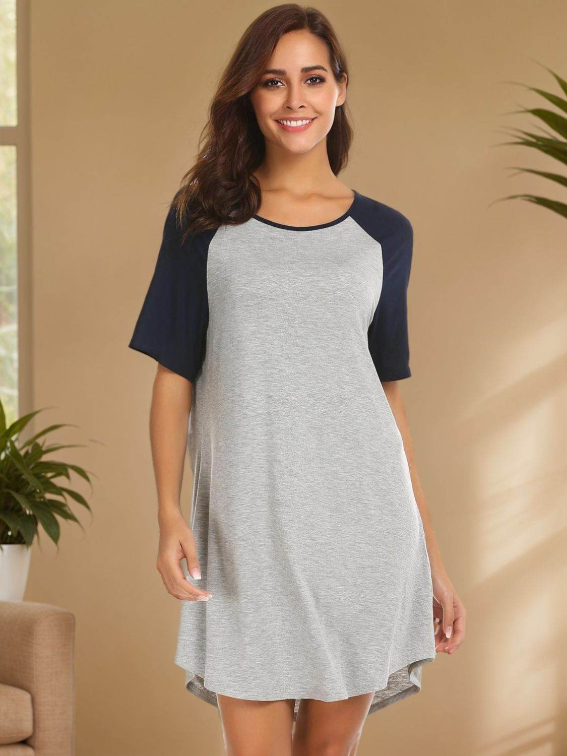 Round Neck Short Sleeve Contrast Lounge Dress - Velveta Studio