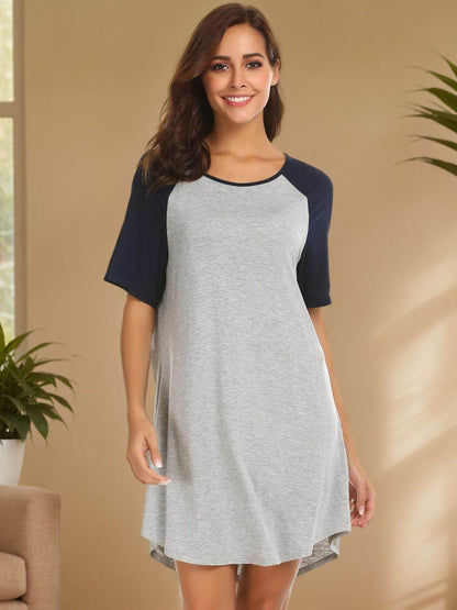 Round Neck Short Sleeve Contrast Lounge Dress - Velveta Studio