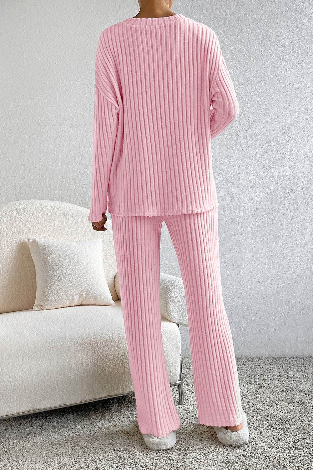 Ribbed V-Neck Top and Pants Lounge Set - Velveta Studio