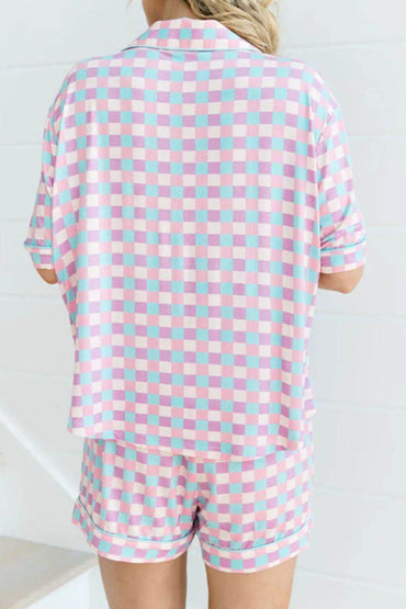 Plaid Collared Neck Short Sleeve Top and Shorts Lounge Set - Velveta Studio
