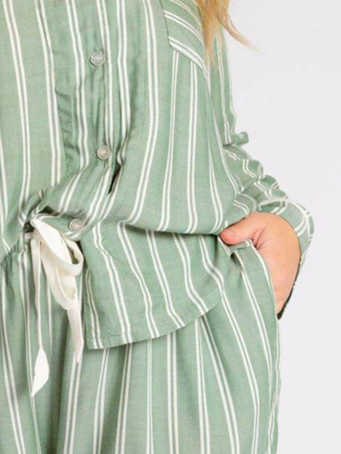 Striped Collared Neck Long Sleeve Top and Shorts Lounge Set - Velveta Studio