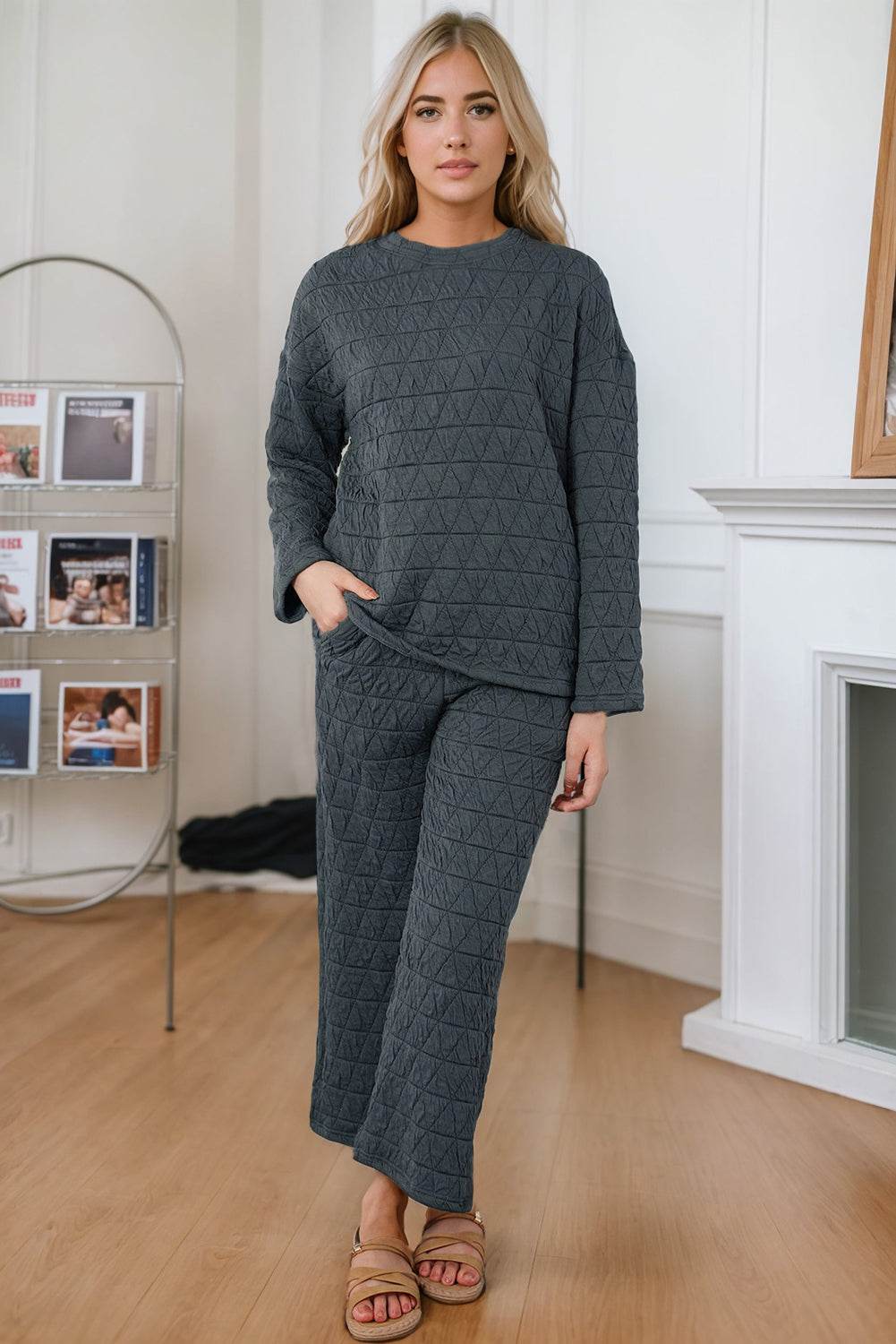 Round Neck Top and Pocketed Pants Lounge Set - Velveta Studio