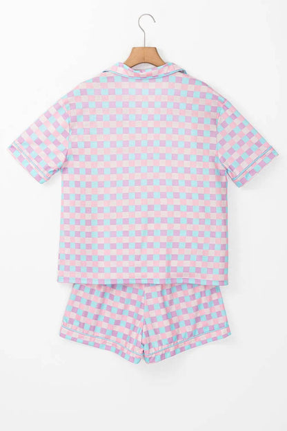 Plaid Collared Neck Short Sleeve Top and Shorts Lounge Set - Velveta Studio