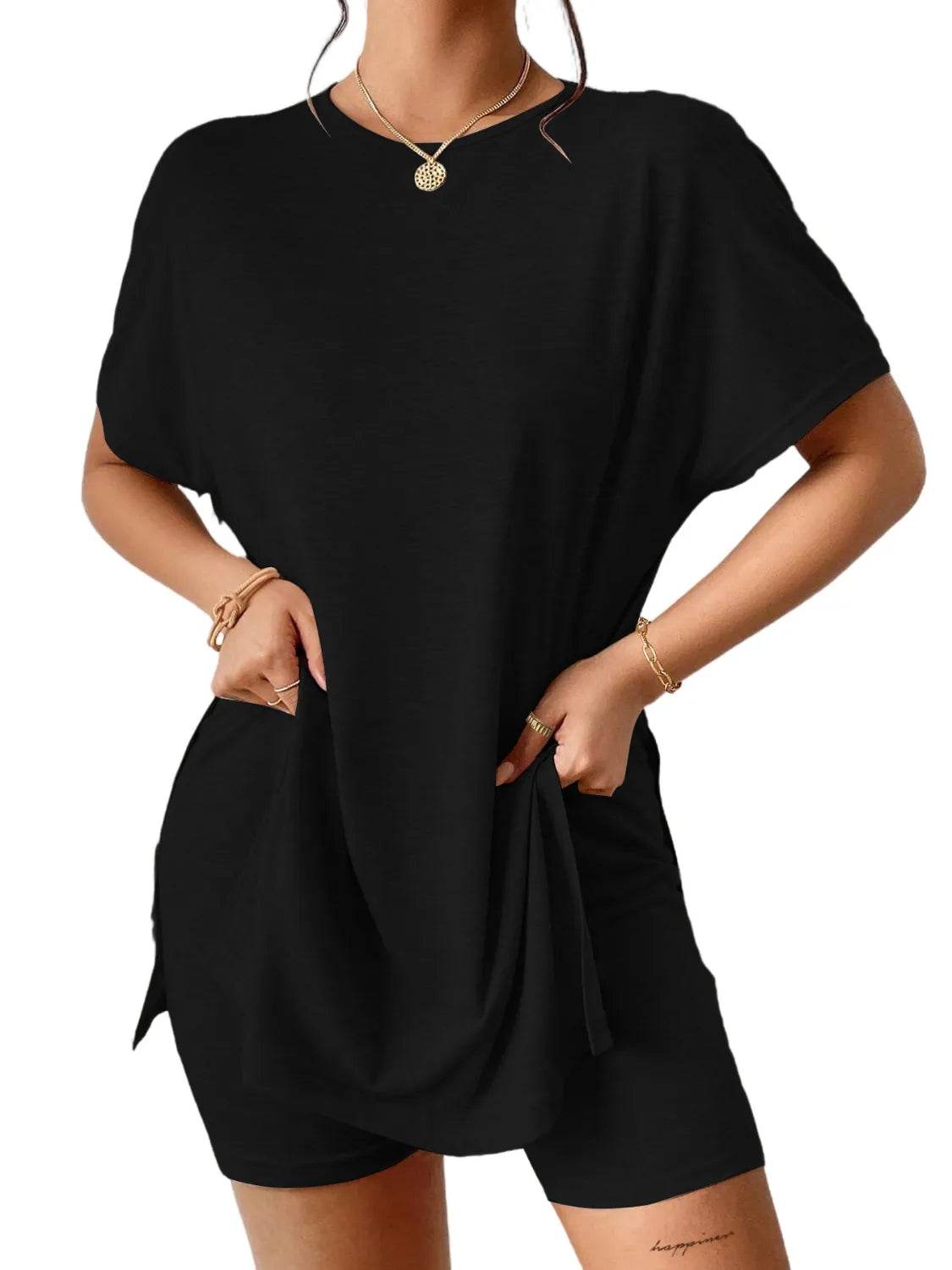 Slit Round Neck Short Sleeve Oversized Top and Shorts Set - Velveta Studio