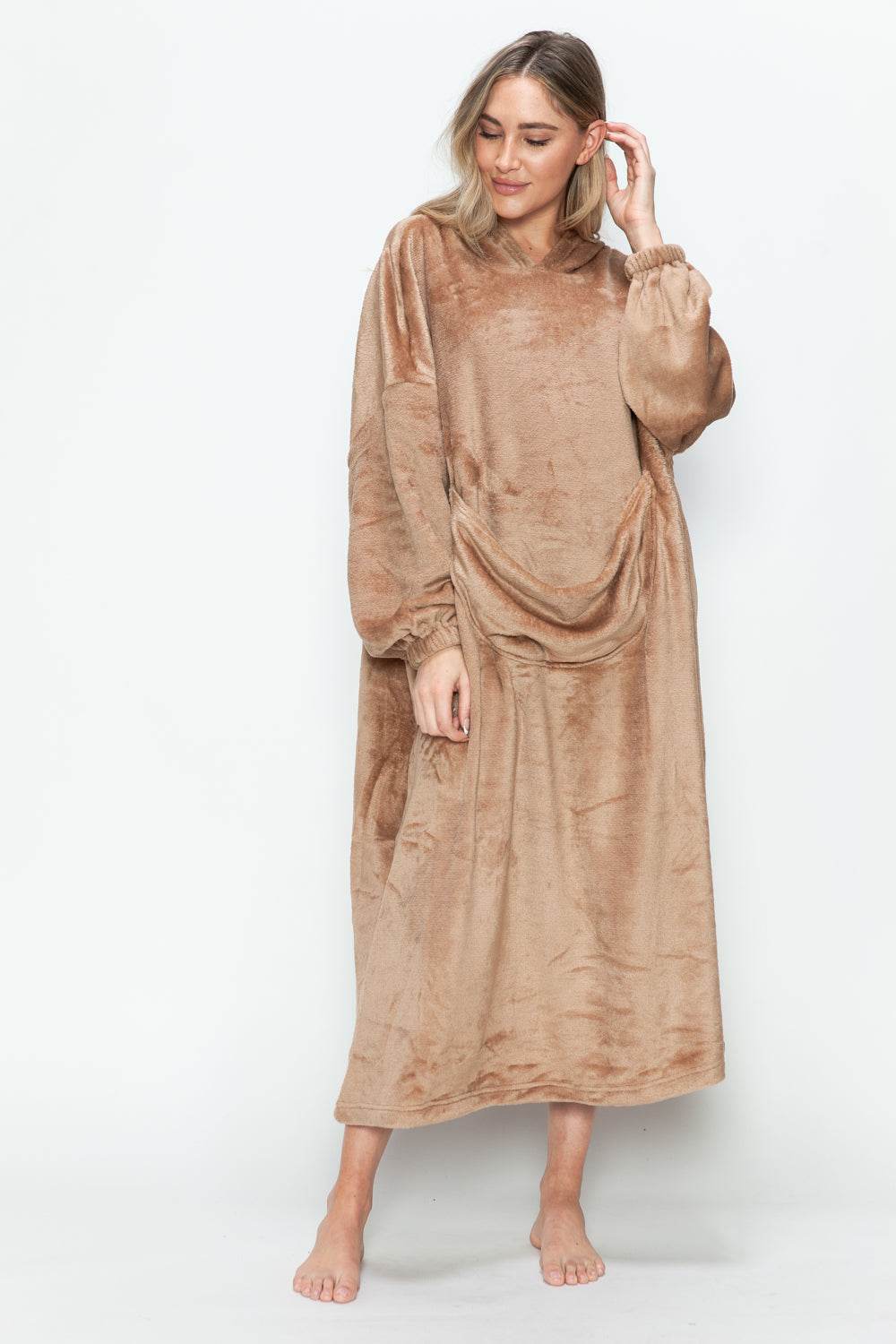 Double Take Full Size Pocketed Hooded Midi Lounge Dress - Velveta Studio