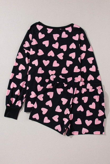 Heart Print Long Sleeve Top and Shorts Lounge Set - Velveta Studio