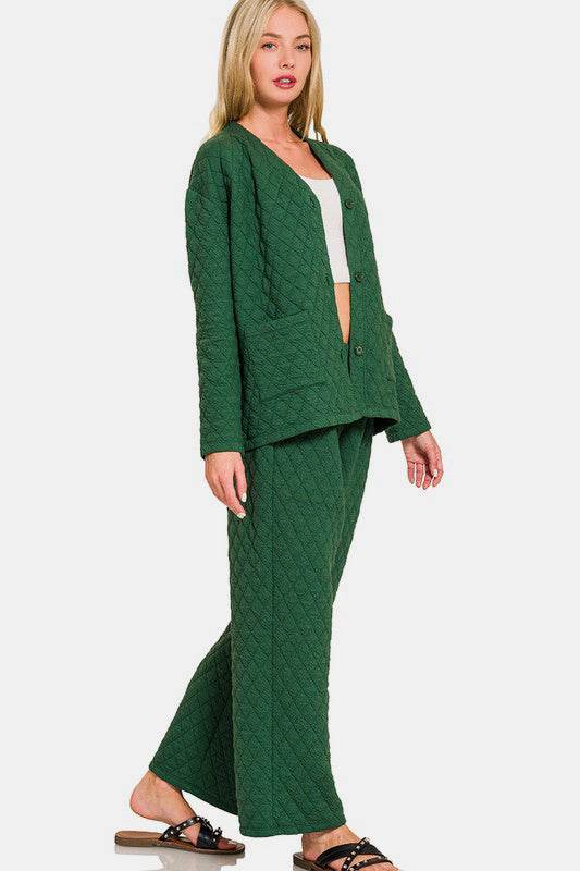 Zenana Quilted Button Up Long Sleeve Top and Pants Lounge Set - Velveta Studio