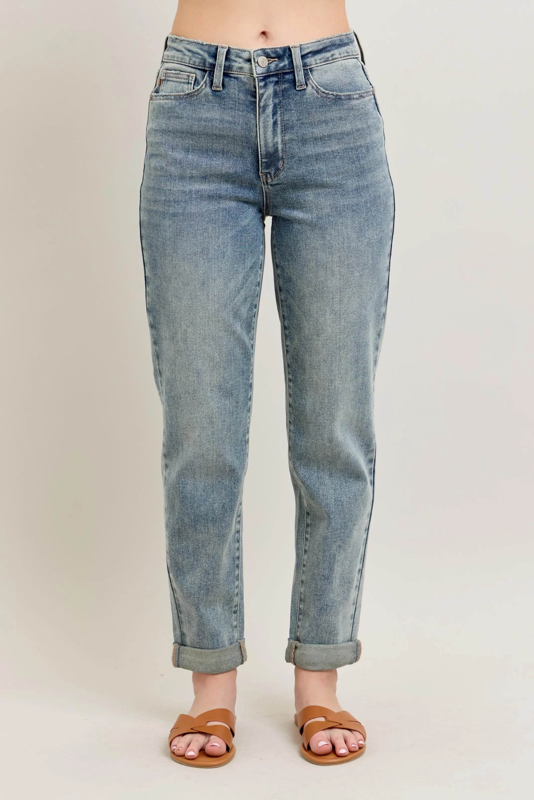 Judy Blue Full Size Hw Vintage Wash Double Roll Cuff Bf Jeans Plus Size - Velveta Studio