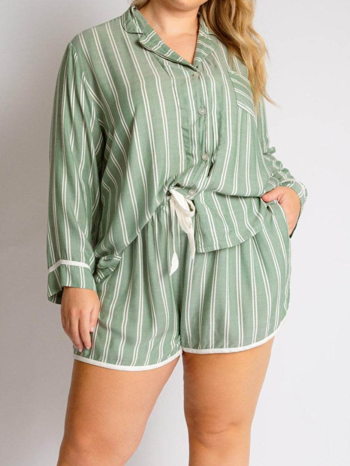 Striped Collared Neck Long Sleeve Top and Shorts Lounge Set - Velveta Studio