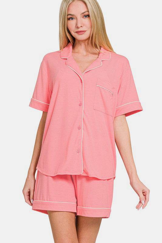 Zenana Button Down Short Sleeve Top and Shorts Lounge Set - Velveta Studio