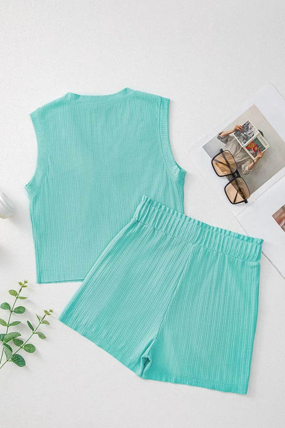 Ribbed Button V Neck Tank Top and Shorts Set - Velveta Studio