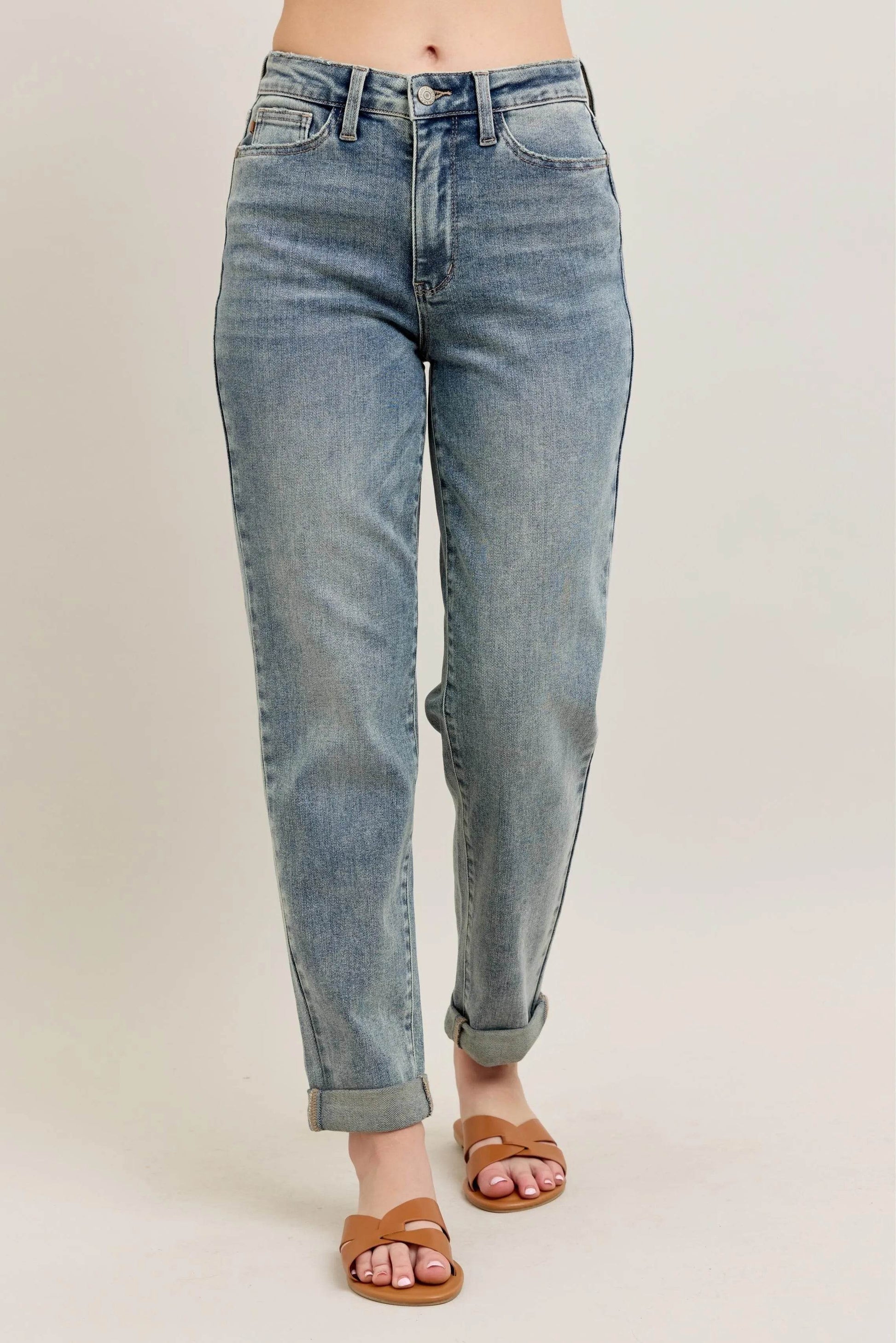 Judy Blue Full Size Hw Vintage Wash Double Roll Cuff Bf Jeans Plus Size - Velveta Studio