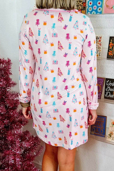 Printed Collared Neck Long Sleeve Lounge Dress - Velveta Studio