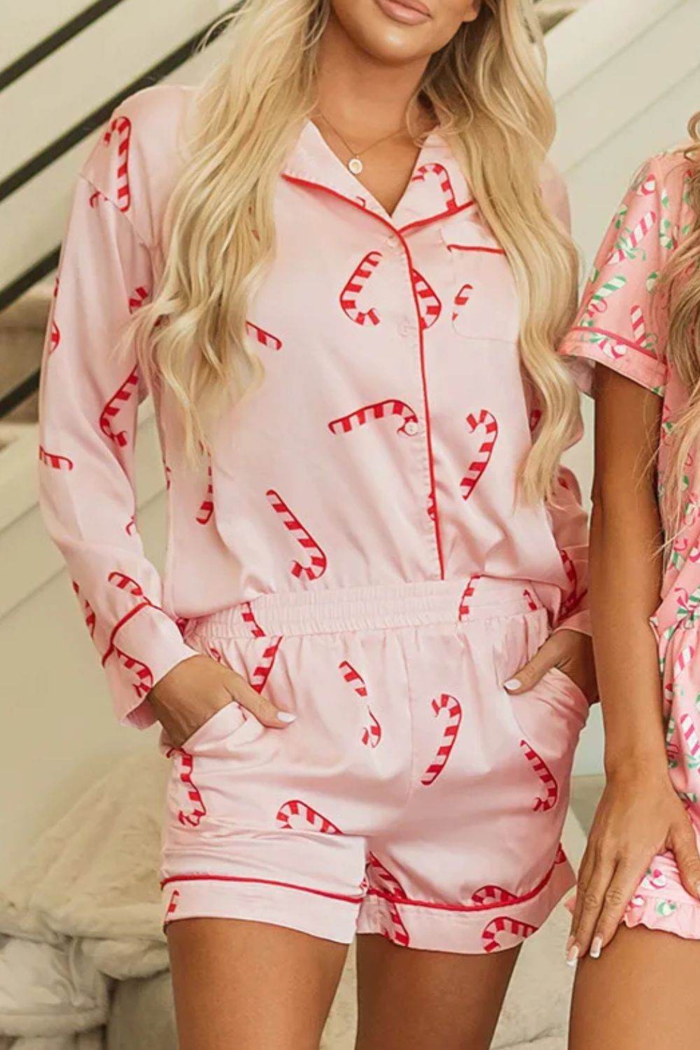 Candy Cane Collared Neck Long Sleeve Top and Shorts Lounge Set - Velveta Studio