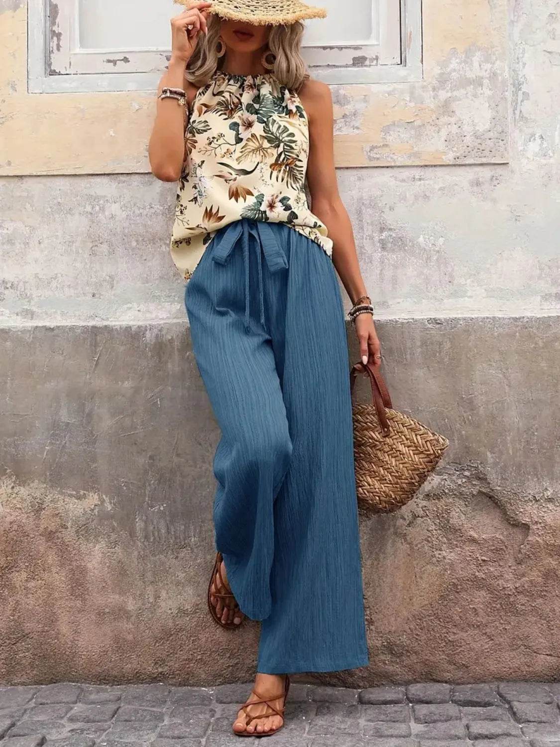 Printed Tank Top and Wide Leg Pants Set - Velveta Studio