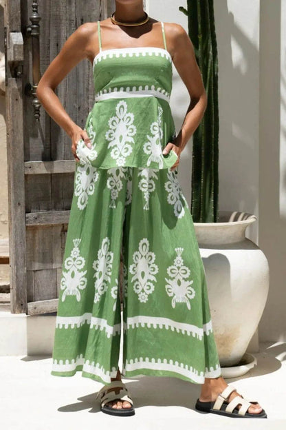 Printed Square Neck Cami and Wide Leg Pants Set - Velveta Studio