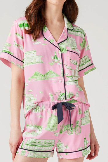 Collared Neck Printed Top and Drawstring Shorts Lounge Set - Velveta Studio