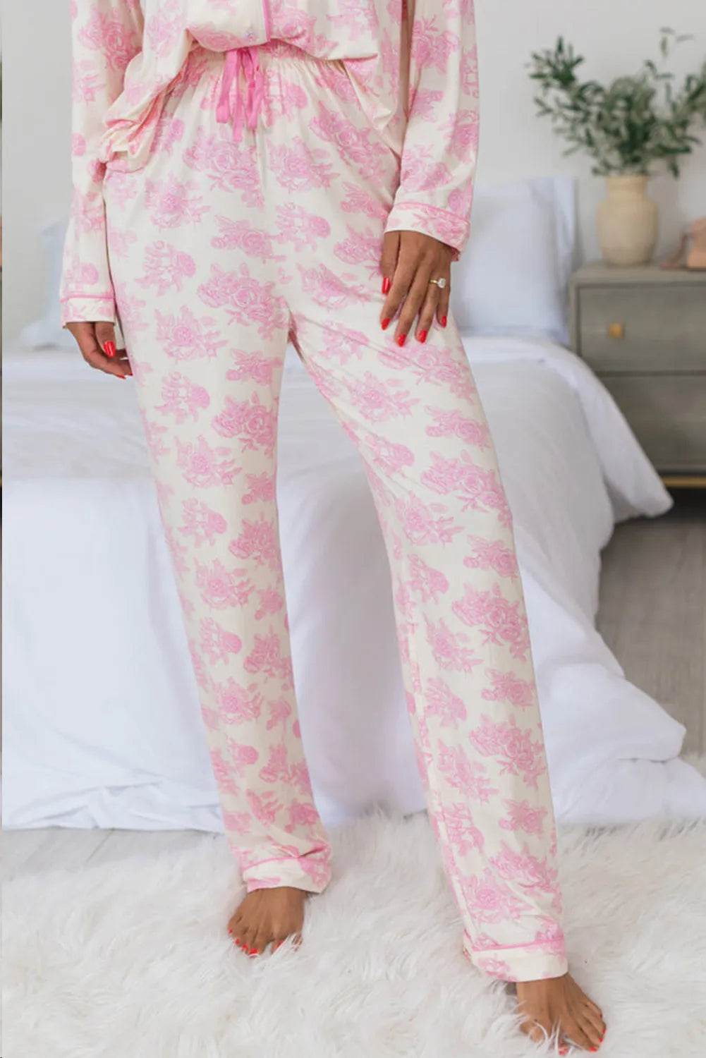Printed Button Up Long Sleeve Top and Pants Lounge Set - Velveta Studio