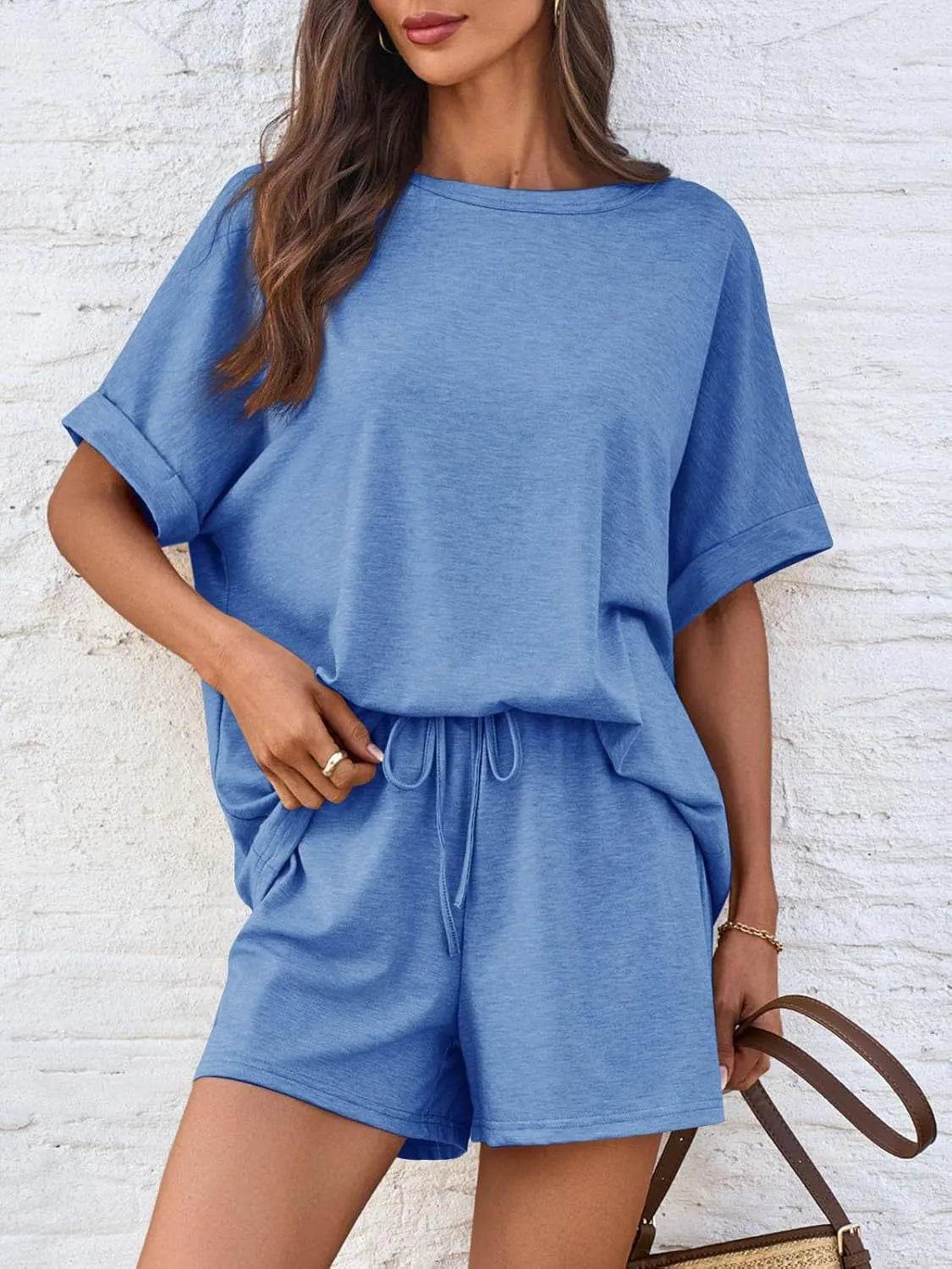 Round Neck Short Sleeve Top and Shorts Set - Velveta Studio